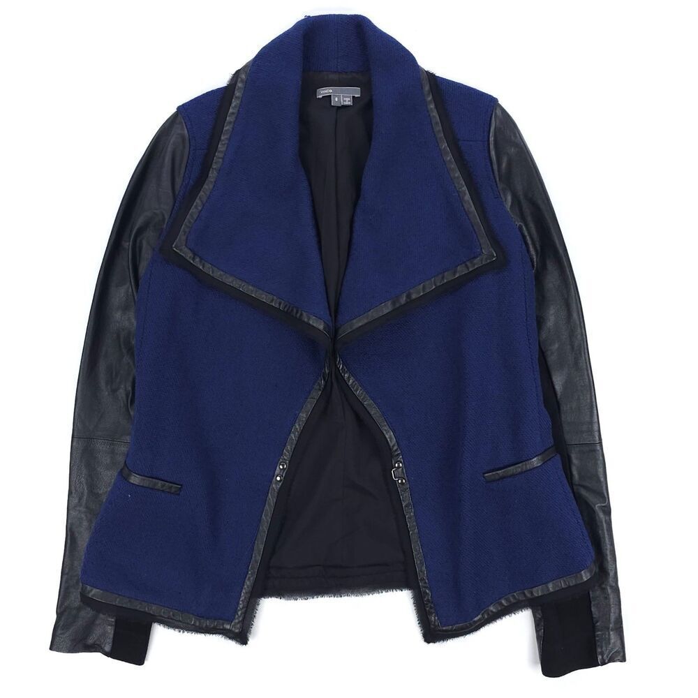 NEW Vince Wool Leather Trimmed Moto Jacket Navy Blue Biker Boho Grunge Minimal